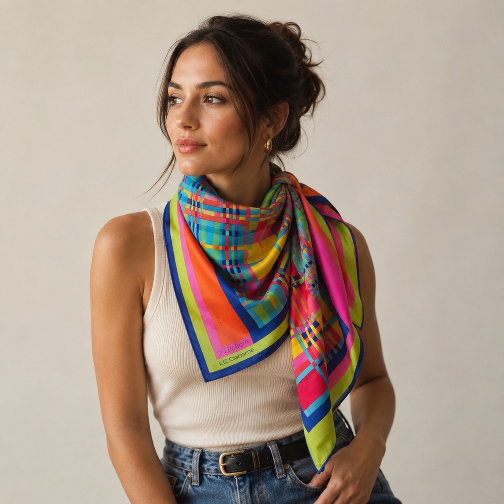 Vintage Liz Claiborne Square Scarf Womens Multicolor Geometric Retro Office
